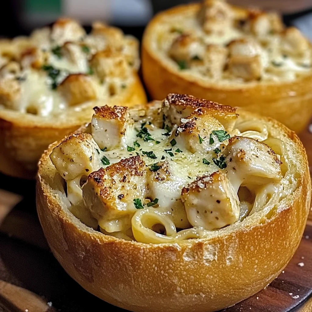 Chicken Alfredo Garlic Bread Bowls