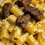 Cajun Steak Tips in Cheesy Rigatoni Parmesan Sauce