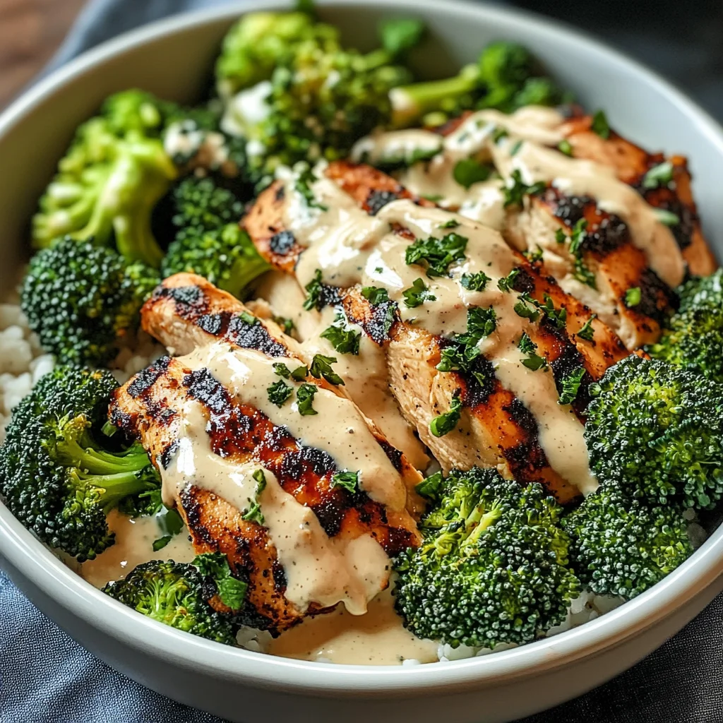 Grilled Chicken & Broccoli Bowls with Creamy Garlic Sauce