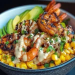Grilled Shrimp Bowl with Avocado, Corn Salsa & Creamy Garlic Sauce