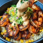 Grilled Shrimp Bowl with Avocado, Corn Salsa & Creamy Sauce