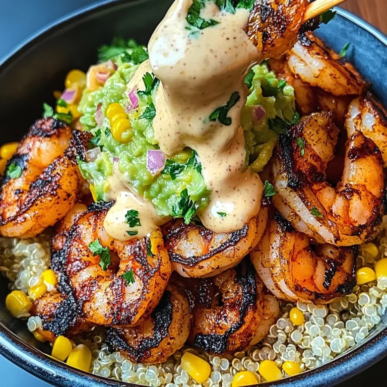 Grilled Shrimp Bowl with Avocado, Corn Salsa & Creamy Sauce